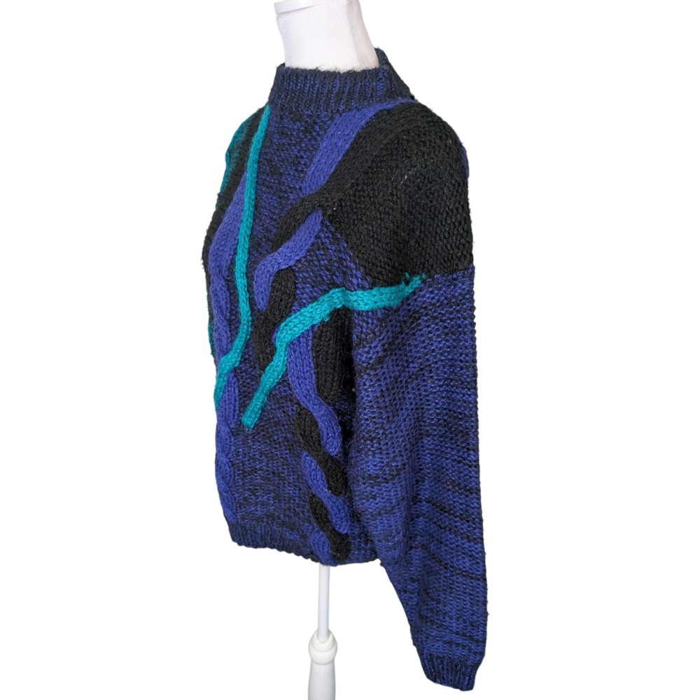 Vintage 80s City Streets Purple Aqua Black Cable Knit Sweater Small Retro Mock - Picture 4 of 8